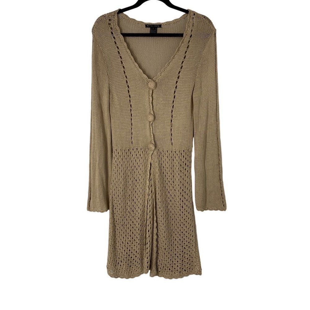 Women’s Bette Sung Crochet Long Cardigan Sweater Size L 5461 Button Scallop